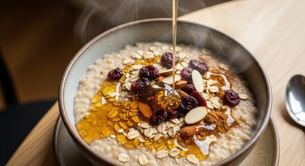 Morning wholesome bowl oats with honey dried fruit almonds and seeds rising nourishing healthy breakfast