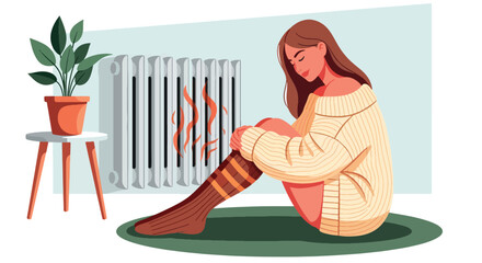 Flat vector of woman lounging indoors in oversized sweater and warm socks, near heater, calm winter comfort