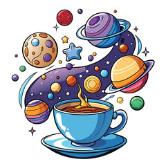 Cosmic coffee cup with planets, stars, and space elements cosmic