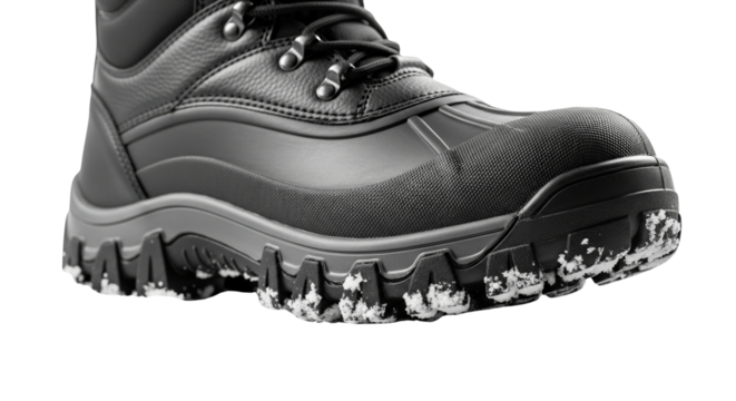 Black winter boot with rugged sole on white background  
