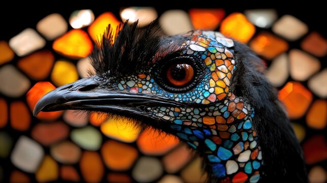 Close-up of colorful emu head against vibrant background