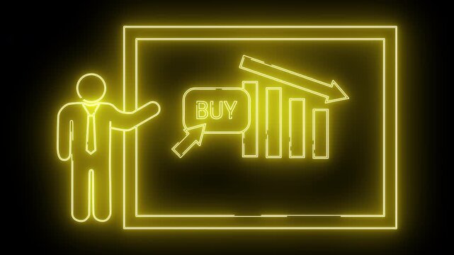 A yellow neon sign depicts a presenter with a board showing a buy button and a downwardsloping graph