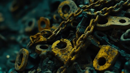 Close up view of rusted industrial metal chains and parts