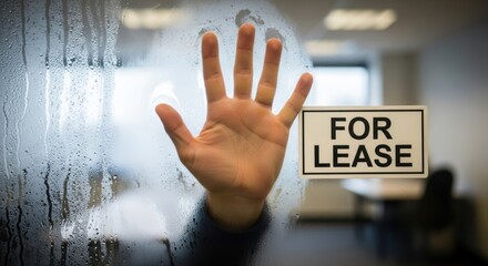 Hand press against glass with a lease sign visible conveying urgency and seeking space for rent Emotional scene hints at opportunity and decision in a commercial setting