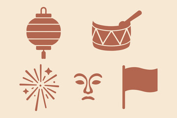 Collection of traditional chinese festival icons featuring a lantern drum firework mask and flag in a simple silhouette style