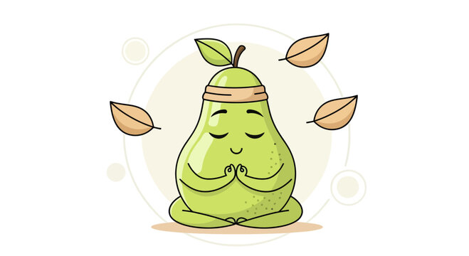 Meditating Pear with Leaves: A Whimsical Cartoon Depicting Relaxation and Peace