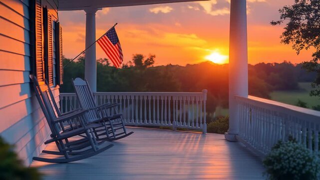 American Flag on a Country Porch at Sunset. A Peaceful Symbol of Patriotism and Americana. Idyllic Home Scene for Memorial Day, Veterans Day, and Fourth of July Celebrations.