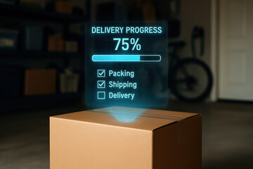 Delivery progress showcasing packed shipment status with 75 percent update a futuristic holographic interface hovering over a closed cardboard packing and shipping tasks.