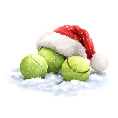 Watercolor Christmas illustration with tennis balls in Santa hat lying on snow, festive sports winter concept on white background
