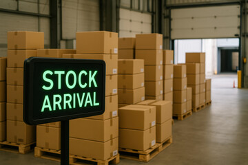 Stock arrival inventory warehouse shipment order loading dock pallet packaging crate storage distribution logistics.