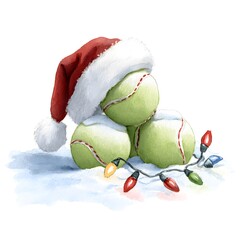 Watercolor Christmas illustration with tennis balls in Santa hat and festive lights, holiday sports concept on white background