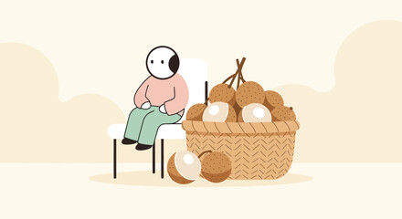 Obraz premium Minimalist Illustration of a Person Relaxing Near a Basket of Fresh Longan Fruits
