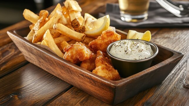 Close up of British Fish and Chips with Lemon Wedges