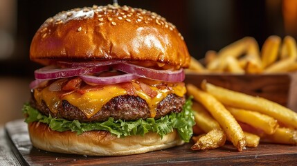 Close up of a delicious cheeseburger with onion rings and french fries on a wooden board