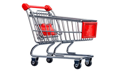 A chrome shopping cart with a red handle and seat attachment