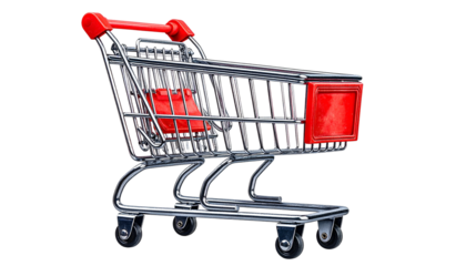 A chrome shopping cart with a red handle and seat attachment