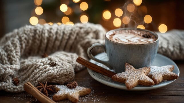 Cozy warm cup of hot chocolate with star shaped cookies and cinnamon sticks on a wooden table with bokeh lights