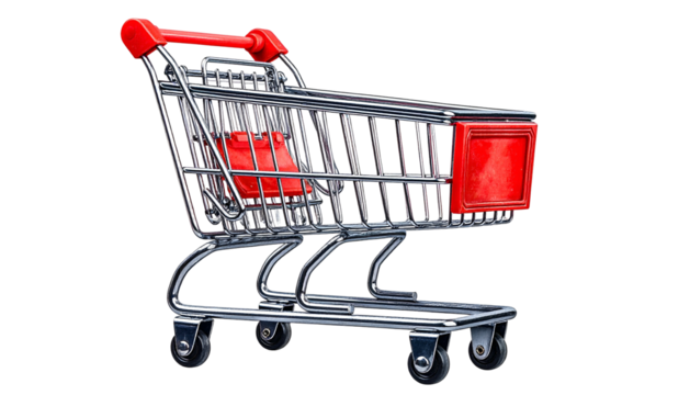 A chrome shopping cart with a red handle and seat attachment