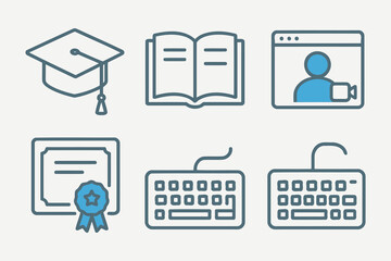 Collection of six outline icons representing education and online learning concepts including graduation cap open book computer screen diploma and keyboards