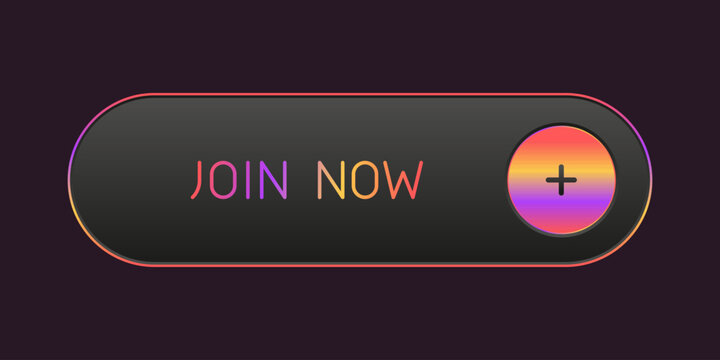 Modern rainbow and black rounded CTA button with shine, "Join now" text, 3D effect, web UI element for landing pages, mobile apps or banners.