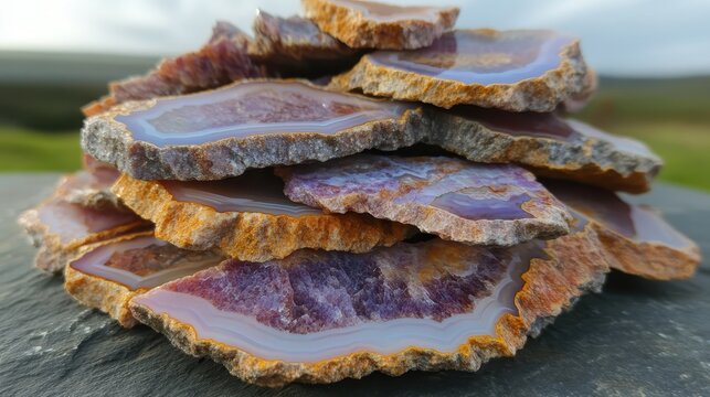 Close up of colorful sliced agate gemstones displaying details - Powered by Adobe