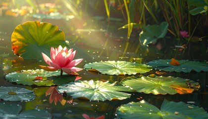 A serene pond scene showcases a vibrant pink flower with large lily pads bathed in sunlight, reflecting in the calm water
