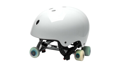 White helmet with wheels instead of a neck strap, on black