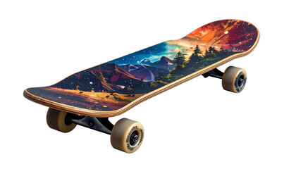 Landscape art decorates skateboard deck, isolated against black background