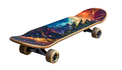 Landscape art decorates skateboard deck, isolated against black background