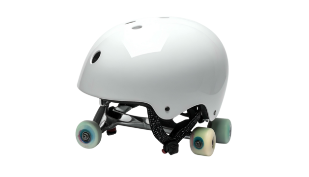 White helmet with wheels instead of a neck strap, on black