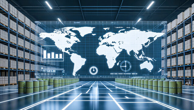futuristic 3d render of a vast warehouse interior with a massive floating blue holographic interface showing world map, data graphs, and digital indicators, featuring perfect geometry and pristine bg - Powered by Adobe