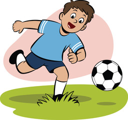 Cartoon child playing soccer, football kick vector, dynamic sports illustration, grassy field scene, childhood activity art, motion graphic design