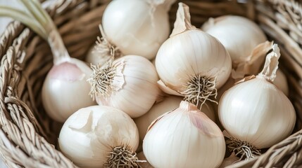 Close up of several white onions with papery skins