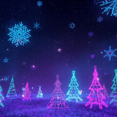 Neon Pink and Blue Christmas Trees in Digital Snowfield