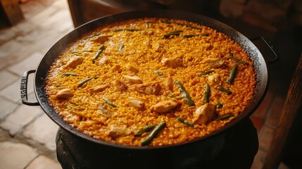 Close up of Spanish Paella with chicken and vegetables in pan