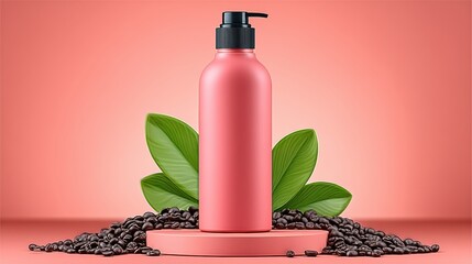 Coral pink cosmetic bottle with coffee beans and green leaves, representing freshness and energy, perfect for natural cosmetic branding campaigns.