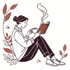 A cozy scene unfolds as a young woman, , immerses herself in a captivating book while savoring a steaming cup of coffee, surrounded by delicate leaves