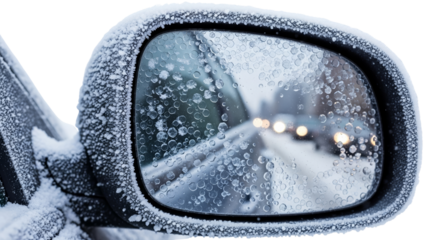 Frozen car mirror with ice crystals showing winter traffic jam  isolated on a transparent background 