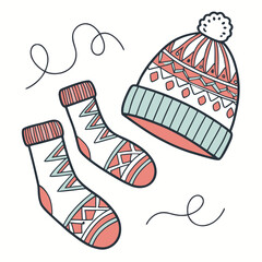 A cozy winter set illustration features a patterned hat and socks, evoking warmth and comfort perfect for seasonal designs