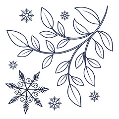 Fototapeta premium A minimalist line art illustration featuring a delicate winter foliage corner arrangement with leaves and snowflakes, , creating a serene and elegant design