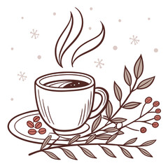 Cozy coffee cup with steam and coffee beans