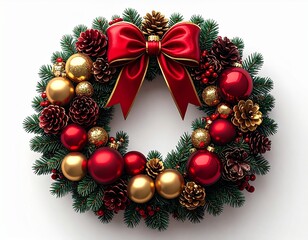 3D realistic Christmas wreath with glossy red and gold baubles, and pine cones isolated on plain white background