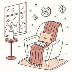 Cozy winter reading nook with armchair, candle, and book