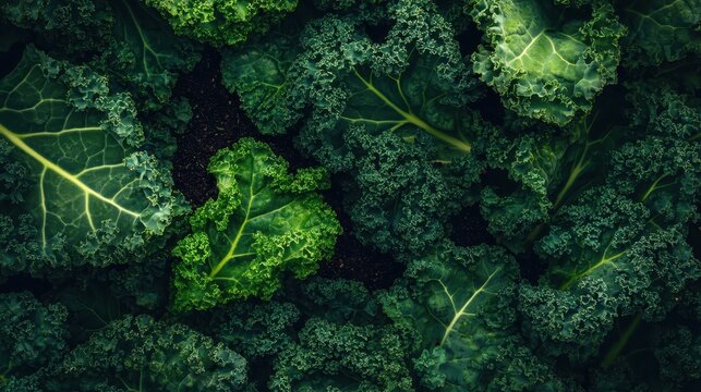 Close up view of organic kale leaves with intricate textures - Powered by Adobe