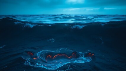 subsurface. Deep blue ocean waves with glowing cracks beneath the surface, hinting at volcanic activity. ESG reports, sustainability campaigns, designed for environmental awareness campaigns.