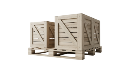 Two wooden crates stacked on pallets in natural light  