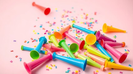 noisemakers. Colorful party horns on a soft pastel background, evoking festive joy and celebration. event programs, museum guides, designed for cultural heritage projects and event programs.