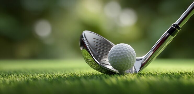 Golf ball on tee ready to be struck by a metal club.