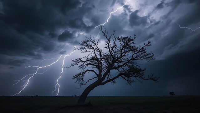 superego. A lone tree bent by strong winds during a stormy night with dramatic lighting. ESG reports, sustainability campaigns, designed for sustainability communications and ESG reporting.