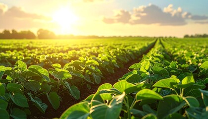 A vibrant field of growing crops basks in golden sunlight, with rows extending to a distant horizon. The warm glow creates a sense of growth